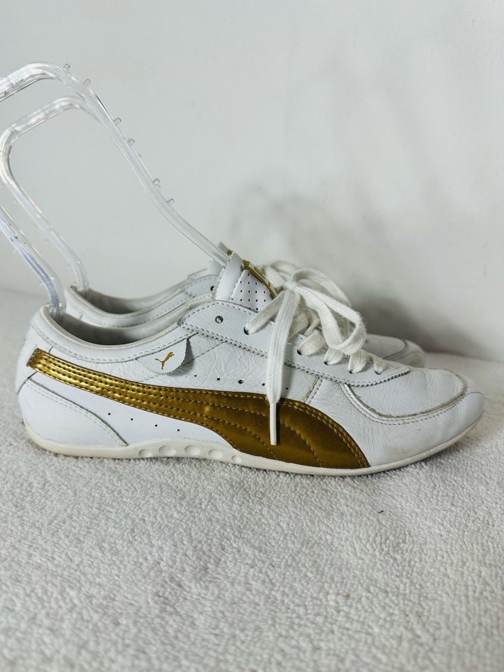 Puma Speed Cat White Leather Metallic Gold Foil Low Top Driving Sneakers 7.5
